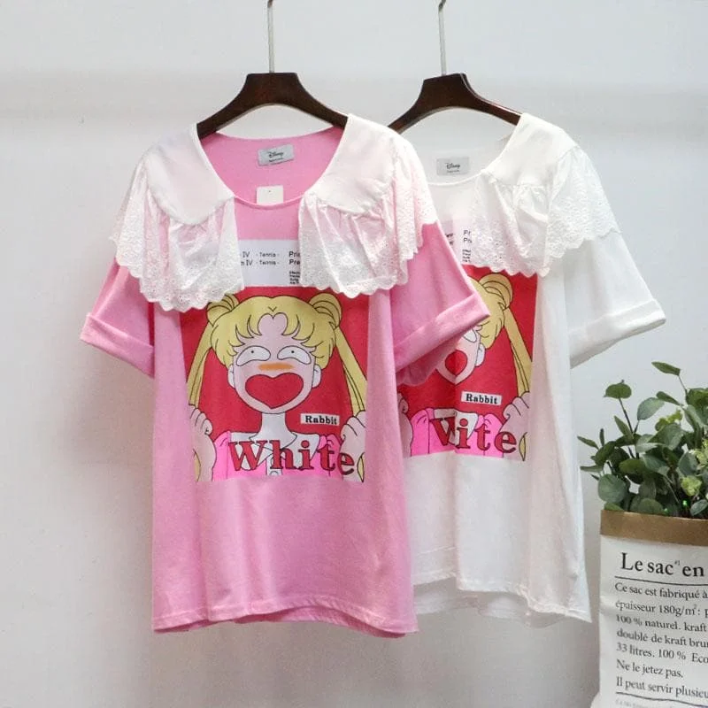 White/Pink Sailor Moon Falbala Collar Tee Shirt SP13736