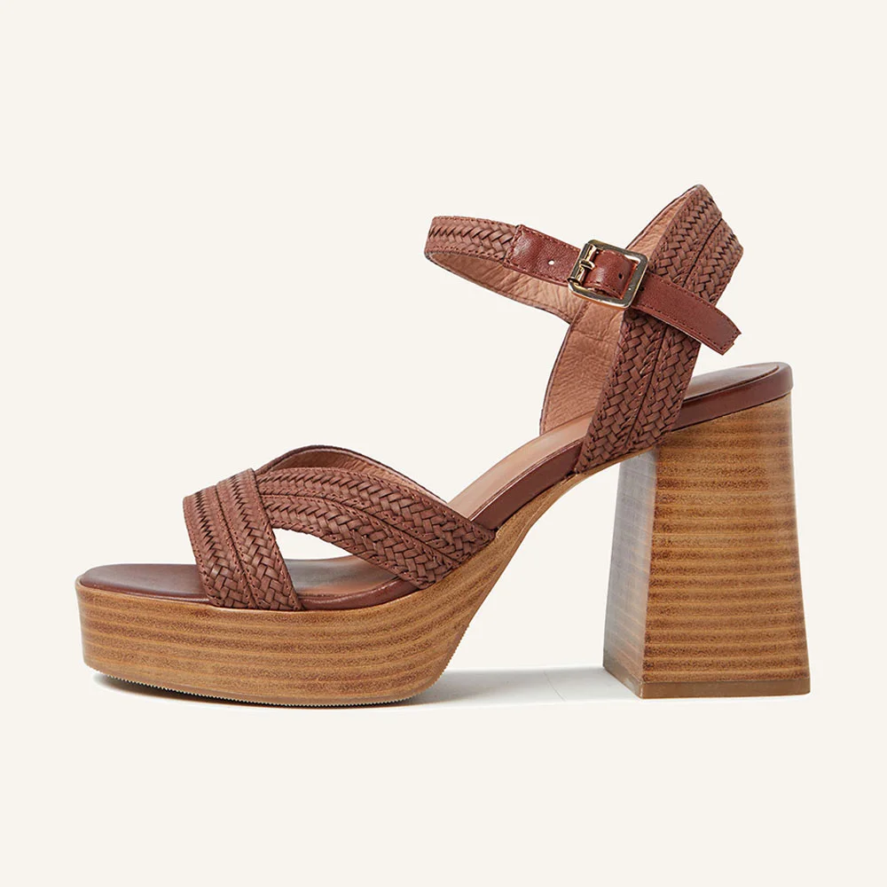 Brown Braided Open Square Toe Ankle Strap Block Heel Platform Sandals
