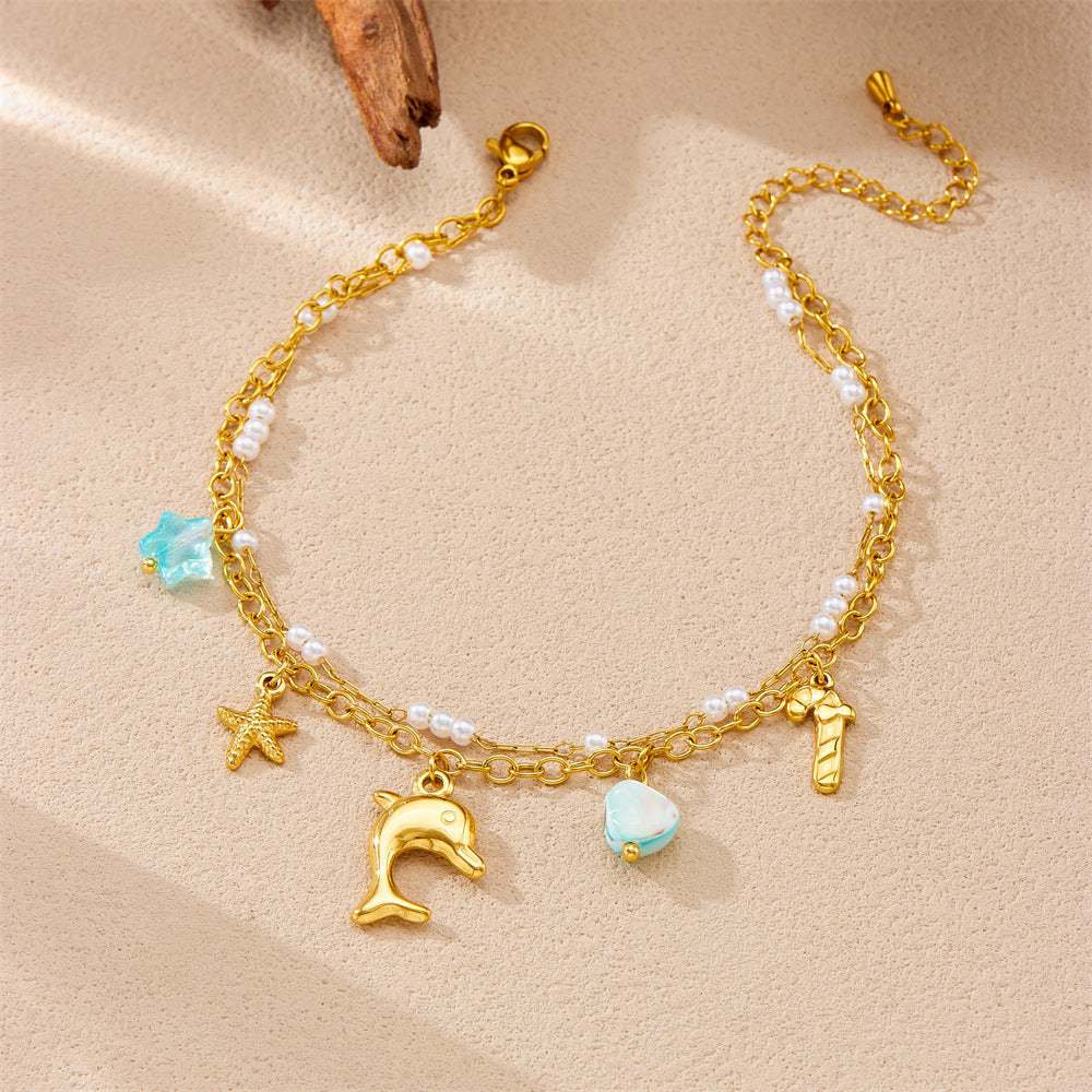 Fashion Beach Ocean Style Shell Dolphin Starfish Stacking Chain Double Layer Stainless Steel Anklet For Women
