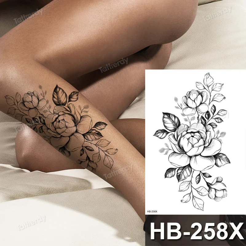 Sdrawing henna black lace mandala flowers sexy waterproof temporary tattoo for women thigh body tattoo sketch flower rose peony big