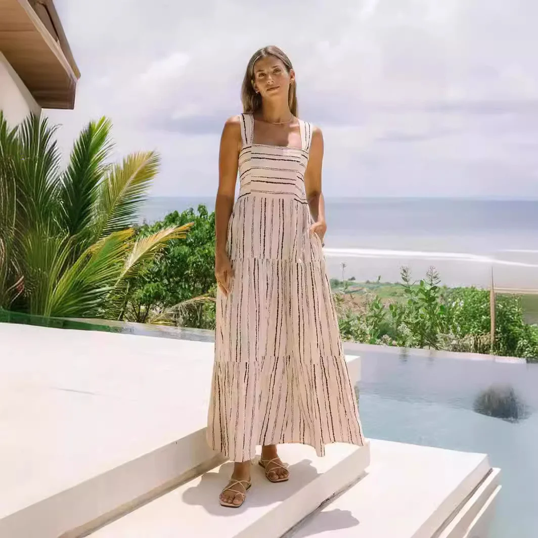 Zingj Zingj Years Fresh And Sweet Wind Spring And Summer Striped Print One Word Tie Dress 88116