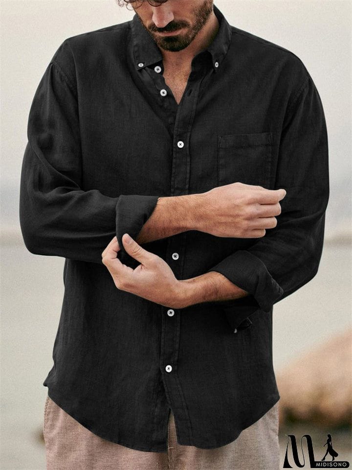 MidiSono - Men's Casual Plain Lapel Button Down Roll Up Sleeve Shirts