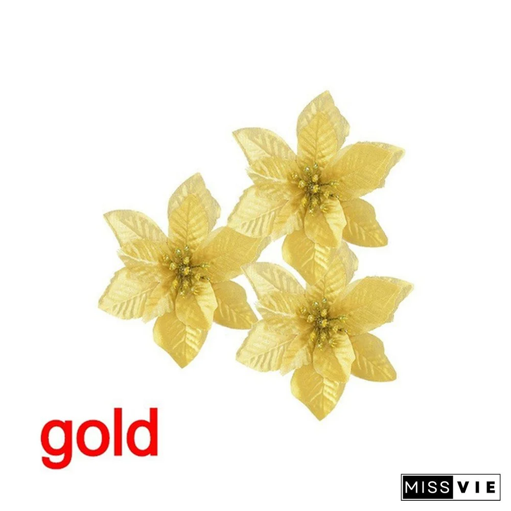 10 Pcs/Set Glitter Christmas Flower Poinsettia Christmas Tree Decorations Ornaments Christmas DIY Craft 11 Colors