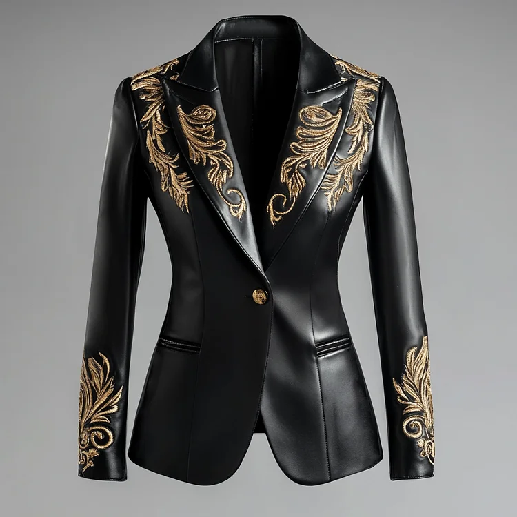 Ursime PU Leather Plant Embroidery Peaked Lapel One Button Blazer