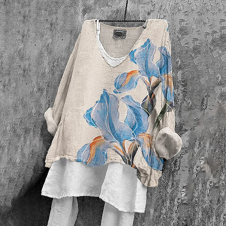 Utbros Women's Japanese Art Floral Printed Linen V Neck T-shirt