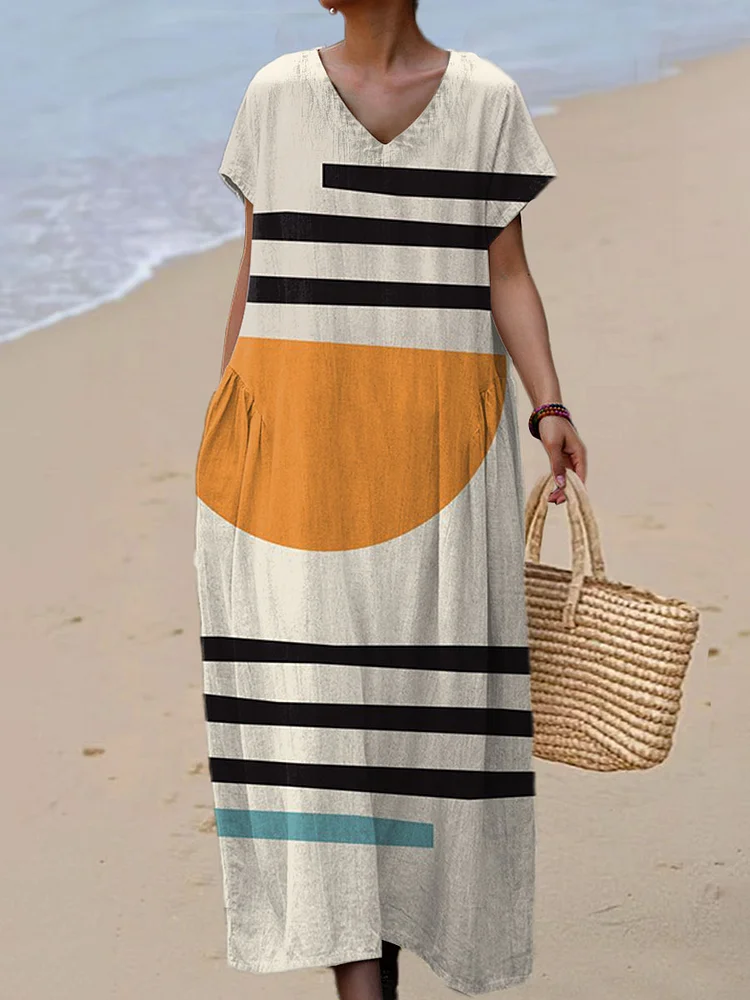 Women's Vintage Abstract Geometric  Art Print Linen And Cotton V-neck Dress