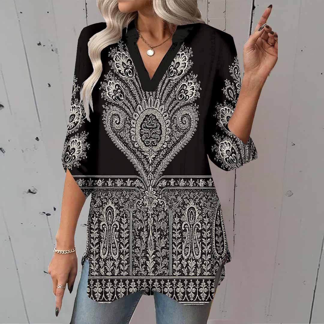 Women Black, Perris, White DZGA0381 3/4 Sleeve V-neck Printed Graphic Button Tops