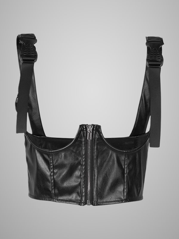 Gothic Dark Solid Black Zipper Slim PU Vest