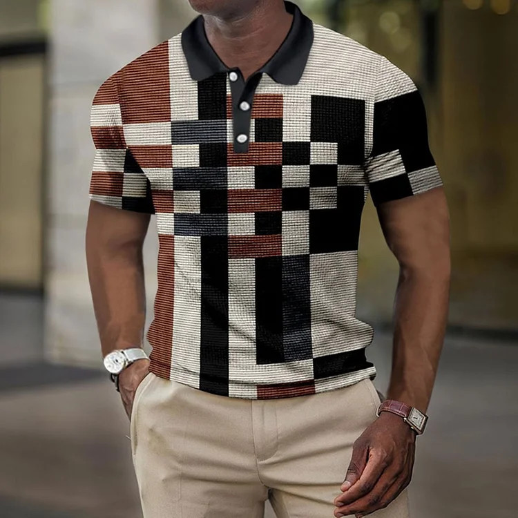 Classic Vintage Plaid Polo T-Shirt Top Patchwork Print Casual Polo T-Shirt at Hiphopee