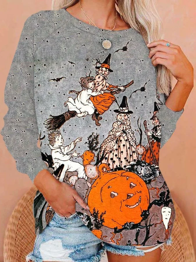 Women's Vintage Halloween Witch Broom Pumpkin Print Casual Sweatshirt socialshop