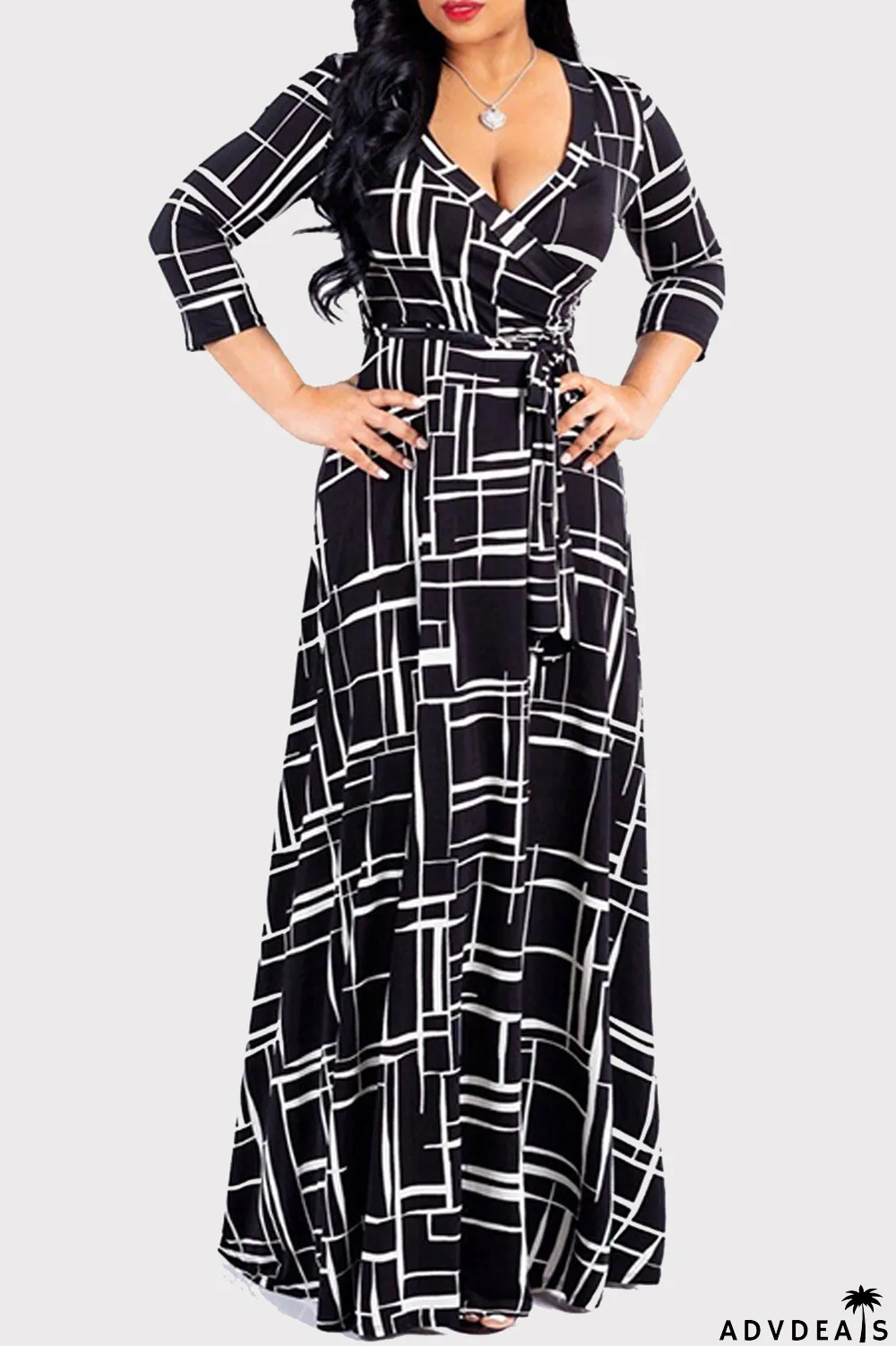 Multi-color Fashion Casual Print Bandage V Neck Long Sleeve Dresses