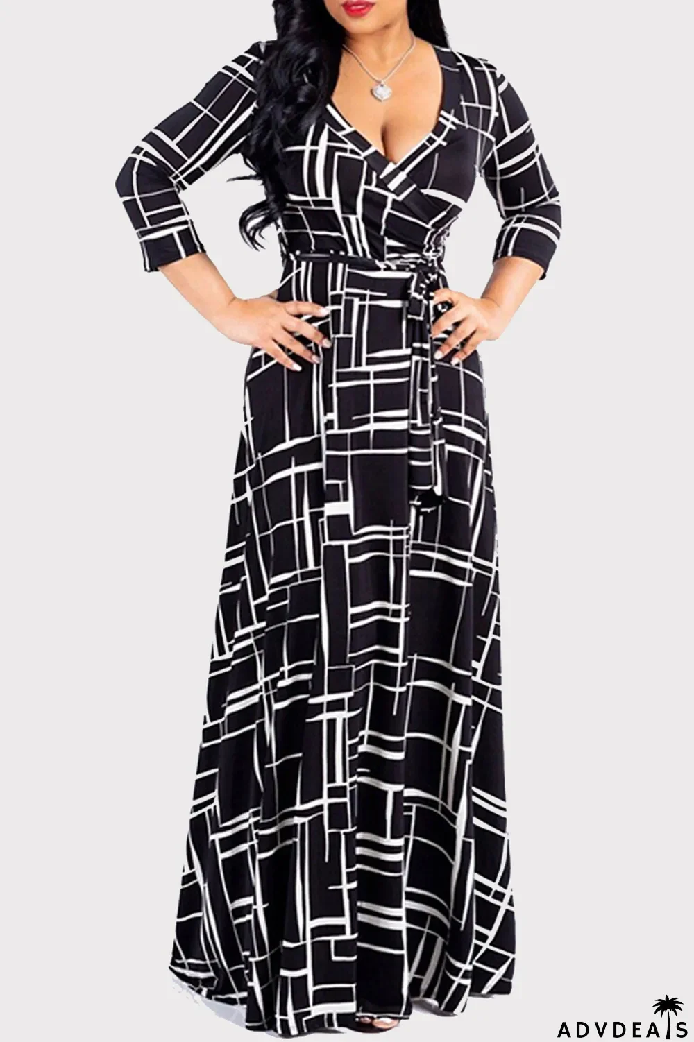 Multi-color Fashion Casual Print Bandage V Neck Long Sleeve Dresses