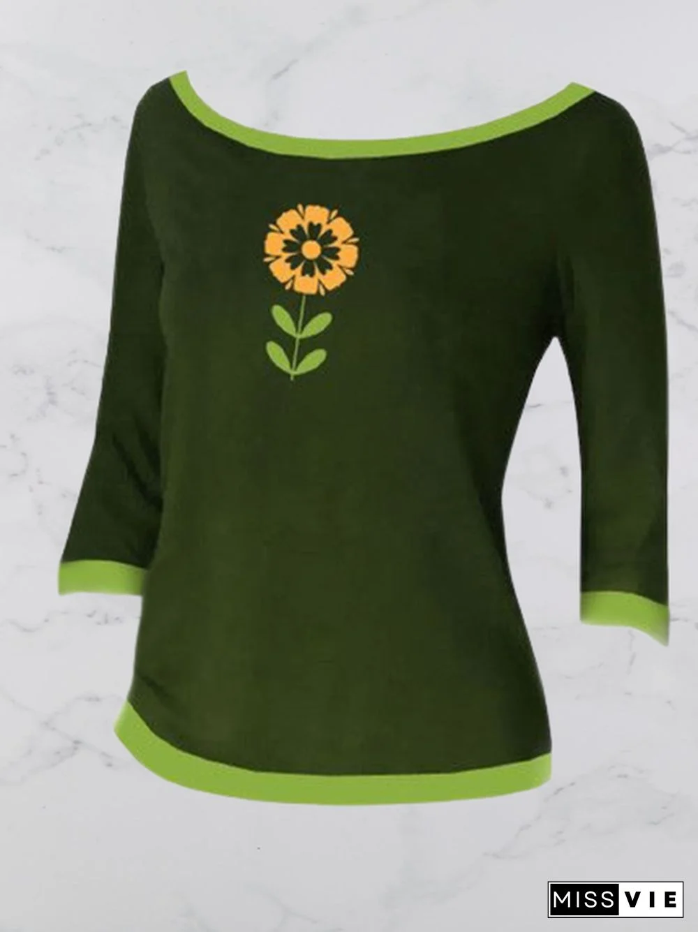 Vintage Floral Printed Color-block Plus Size 3/4 Sleeves Crew Neck Casual Tops