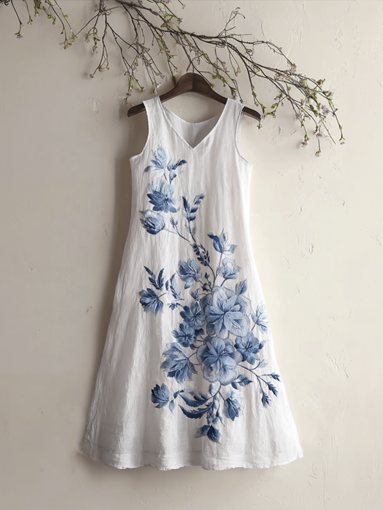 Retro Blue Floral Embroidery Pattern Sleeveless Dress elevenforest