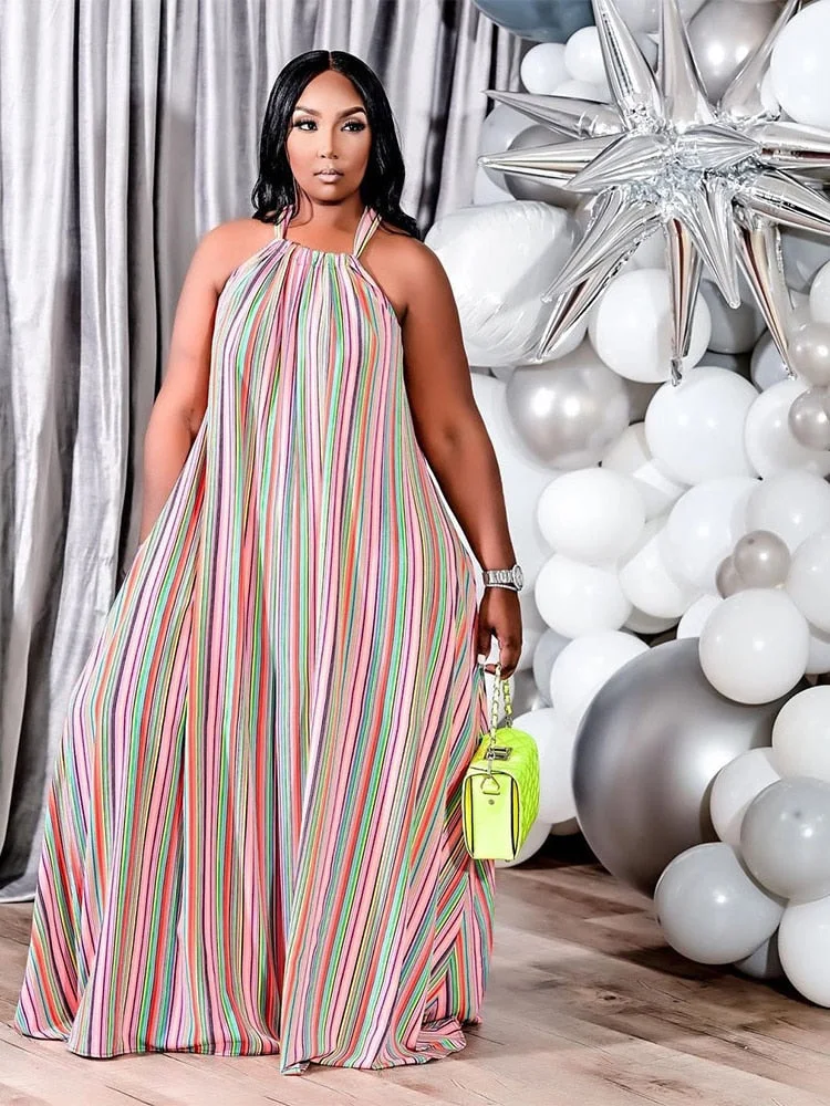 CM.YAYA Women Plus Size Dress O-neck Sleeveless Hater Long Loose Striped Dress Casual Sexy Beach Dress Autumn 2021