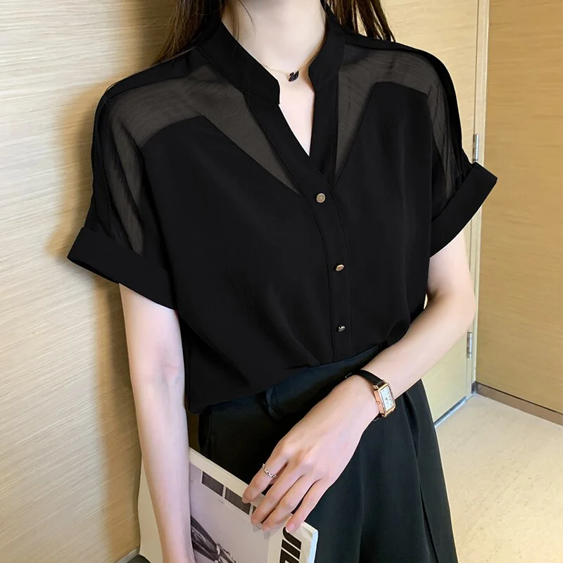 Solid Short Sleeve Mesh Tops Blusas Mujer De Moda Casual Women Clothing Office Lady Blouse Fashion New V-neck White Shirt 9635