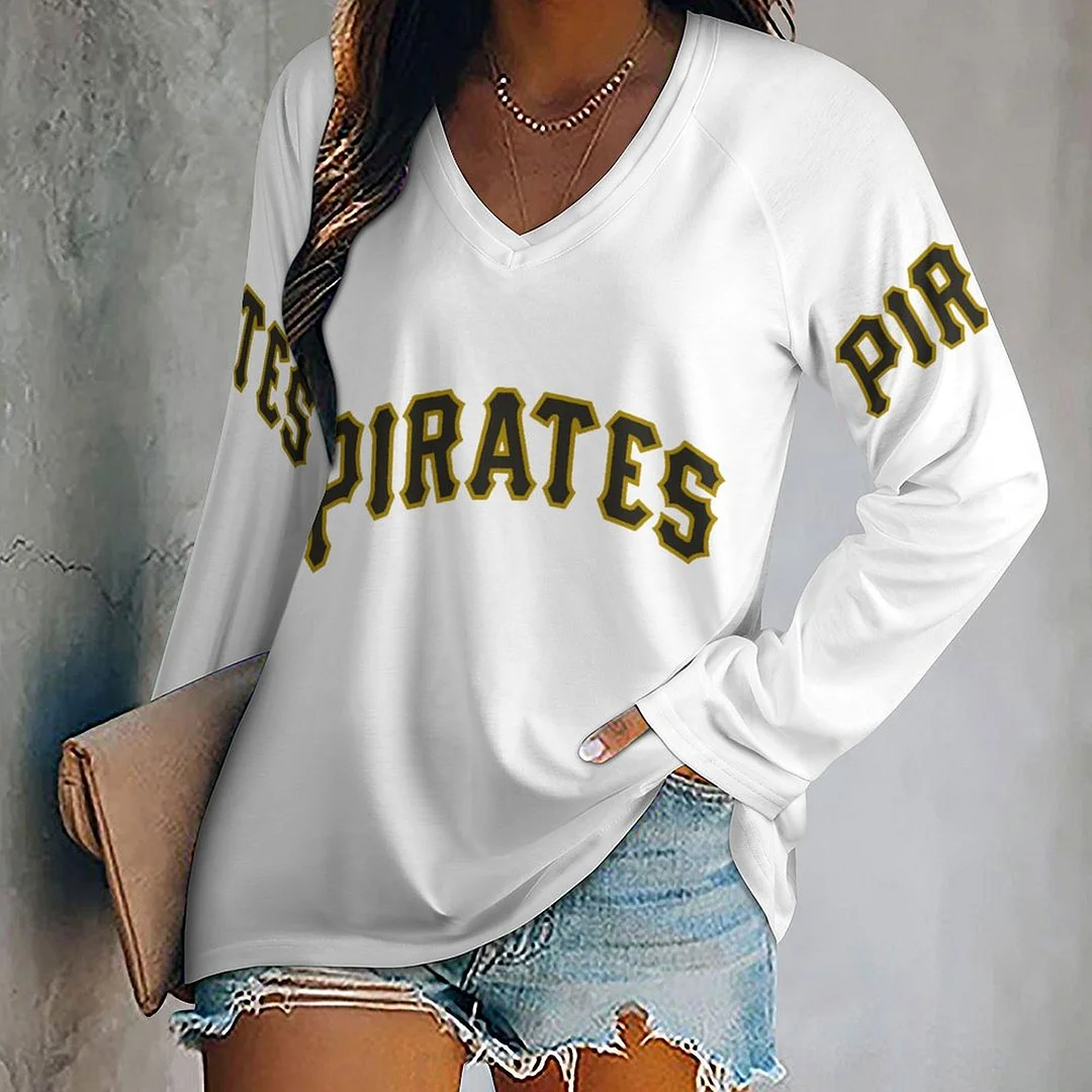 V-neck Long Sleeve Casual T-shirt for  Women and Men Printed with Pattern,Yellow,White,Black