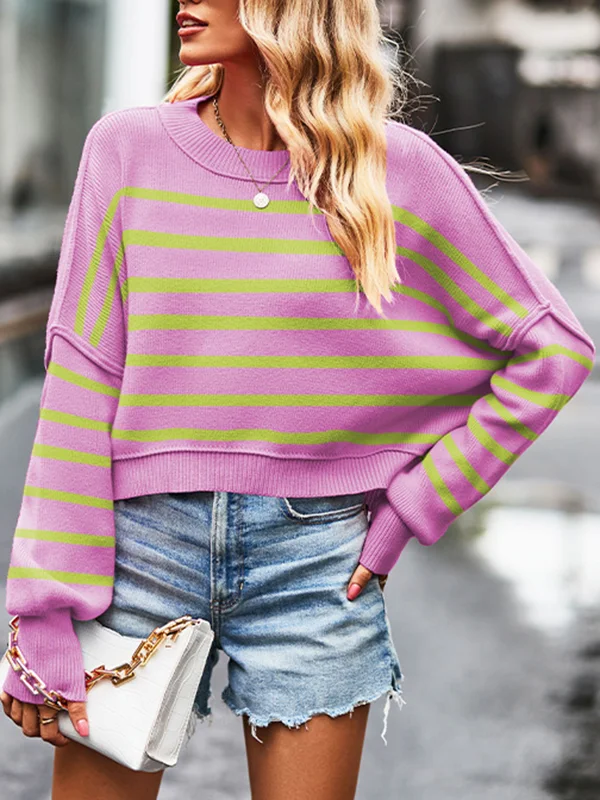 Striped Split-Joint Fringed Loose Batwing Sleeves Round-Neck Sweater