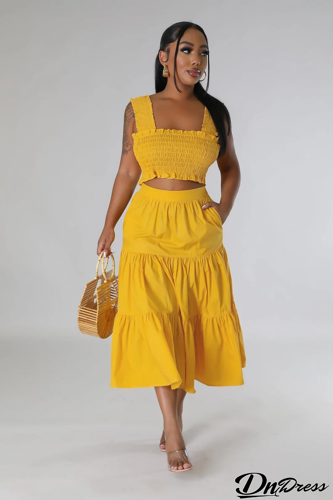 Women Chest Wrap Top and Pocket Skirt Two-piece Set