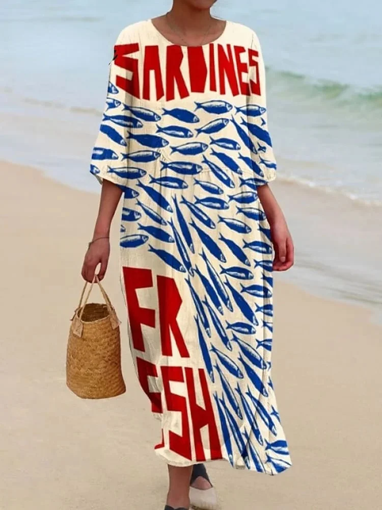 Women's Vintage Fish Art Print Flowy Dress