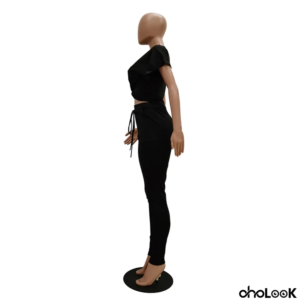 Summer Plain Knot Crop Top and High Waist Pants Set