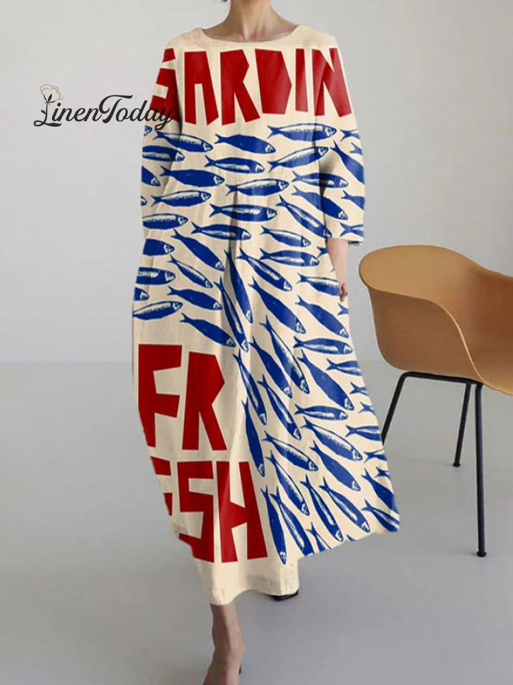 Women’s Vintage Fish Art Print Flowy Dress As Shown / S