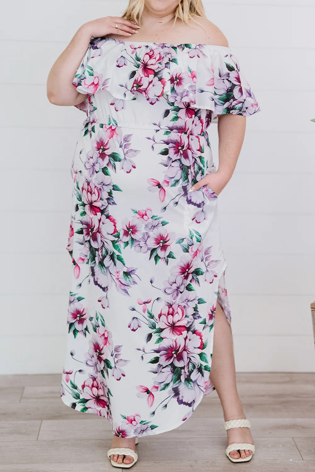 White Off The Shoulder Floral Plus size Maxi Dress | IFYHOME