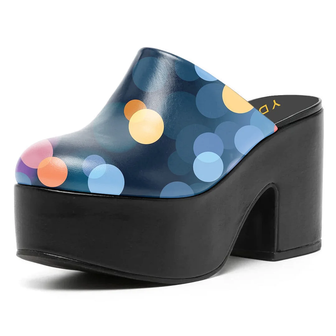 Colorful Round Toe Polka Dots Platform Block Heel Mules for Women