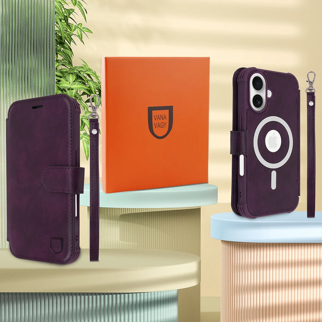 VANAVAGY Compatible for iPhone 16 Wallet Case for Magsafe Wireless Charging,Leather Flip Folio Wrist [Glass Screen Protectors & Camera Lens Protectors] with RFID Block Card Holder