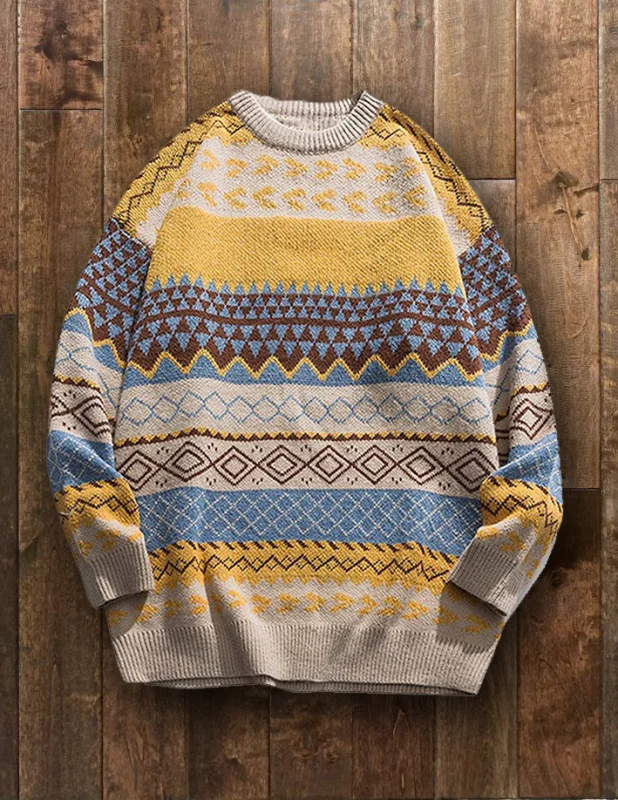 Men's Round Neck Pullover Sweater Loose Vintage Knit Top