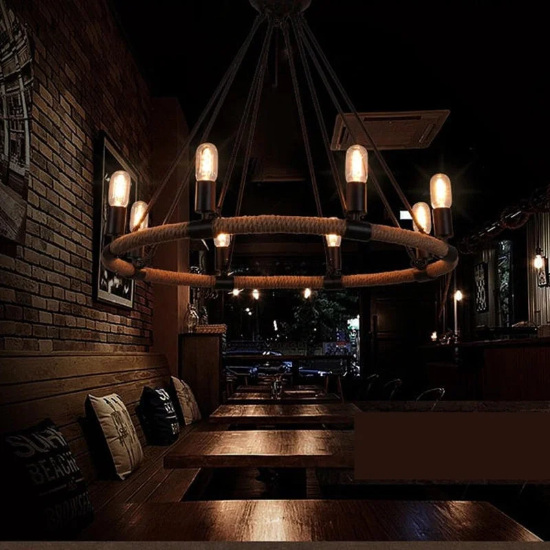 Vintage hand-woven hemp rope wrought iron chandelier American industrial style creative personality cafe catering chandelier