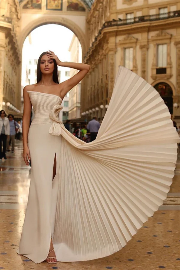 Bellasprom Strapless Mermaid Long Prom Dress Split With Pleats