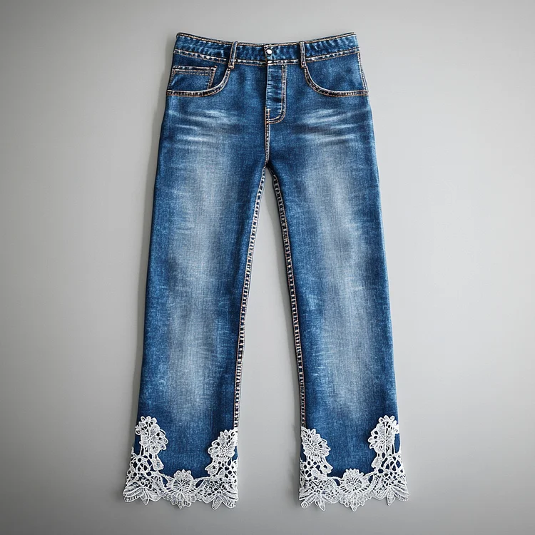 Ursime Denim High Rise Lace Hem Straight Leg Jeans