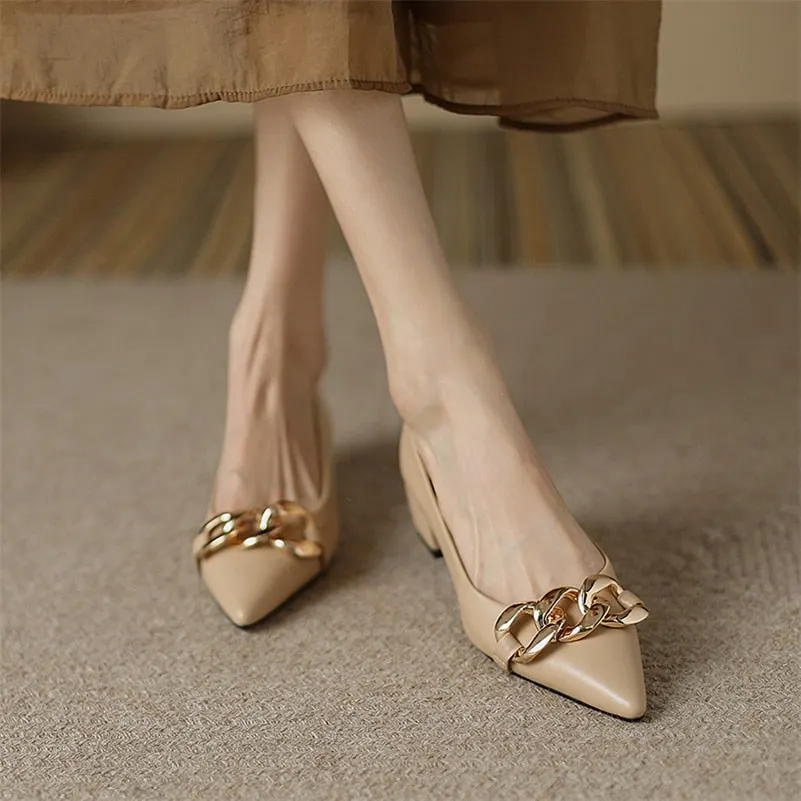 Meotina Genuine Leather Women Shoes Chain Thick Heels Pumps Pointed Toe Med Heel Ladies Footwear 2022 Spring Beige Apricot 42
