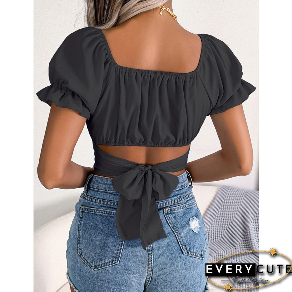 Black Back Lace-up Slim Waist Chiffon Crop Tops