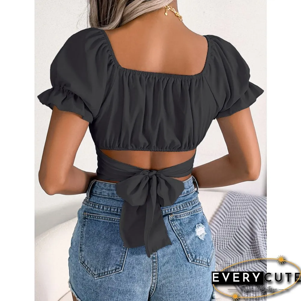 Black Back Lace-up Slim Waist Chiffon Crop Tops