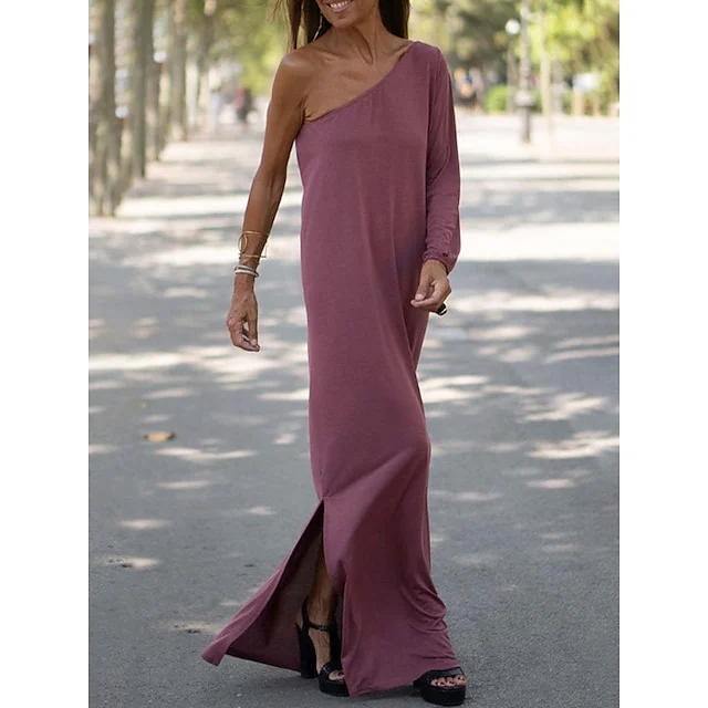 Women's casual street solid color slit strapless one-shoulder long-sleeved dress