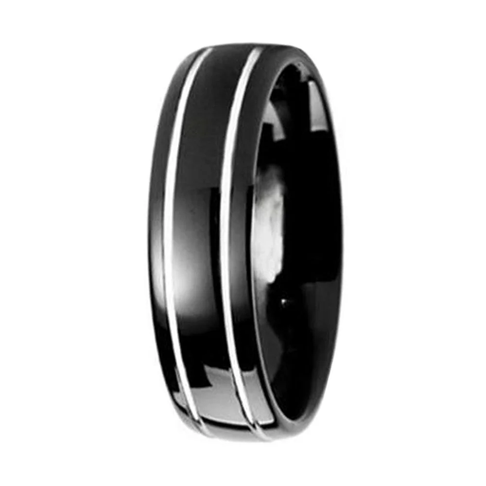 6MM 8MM Mens Black Two Pinstripe Tungsten Full Arc Wedding Bands
