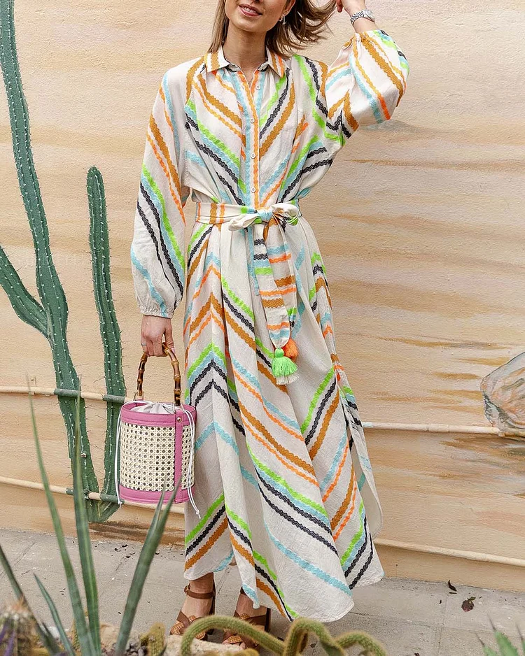 Bohemian Color Block Shirt Dress