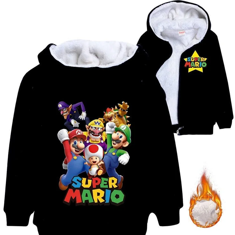 Boys Girls Super Mario Game Print Kids Zip Fleece Lined Cotton Hoodie-Mayoulove