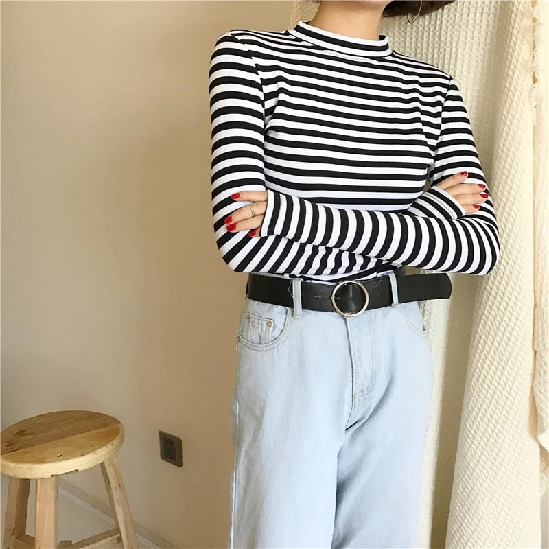 2019 Korean Style Long Sleeve T Shirts Women New Hot Sale Student T-shirt Womens Fashion Harajuku Striped Female Slim Femme Lady