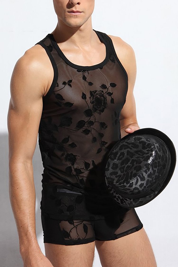 Men's Mesh Rose Prints Sleeveless Tight See Through Vest Shorts Two Piece Sets