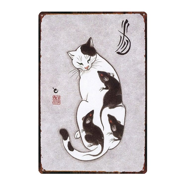 Tatouage Chat Samouraï Japonais - Enseigne Vintage Métallique/Enseignes en bois - 20*30cm/30*40cm