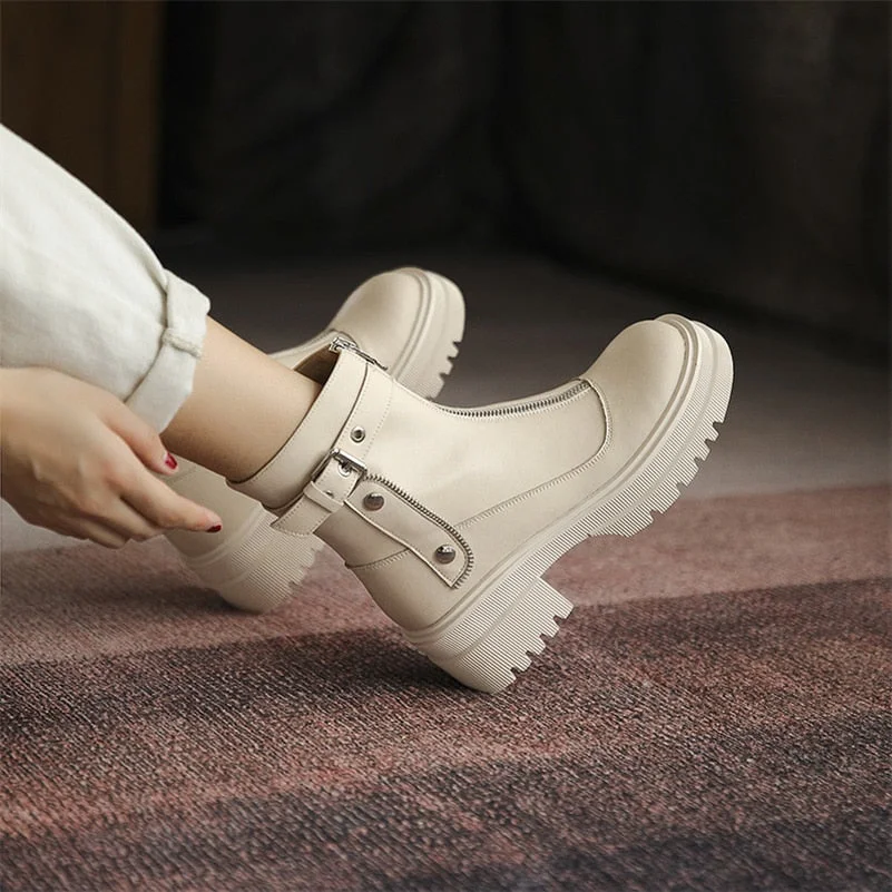 Meotina Genuine Leather Ankle Boots Women Shoes Platform Thick Heel Round Toe Boots High Heel Zipper Ladies Boots Autumn White