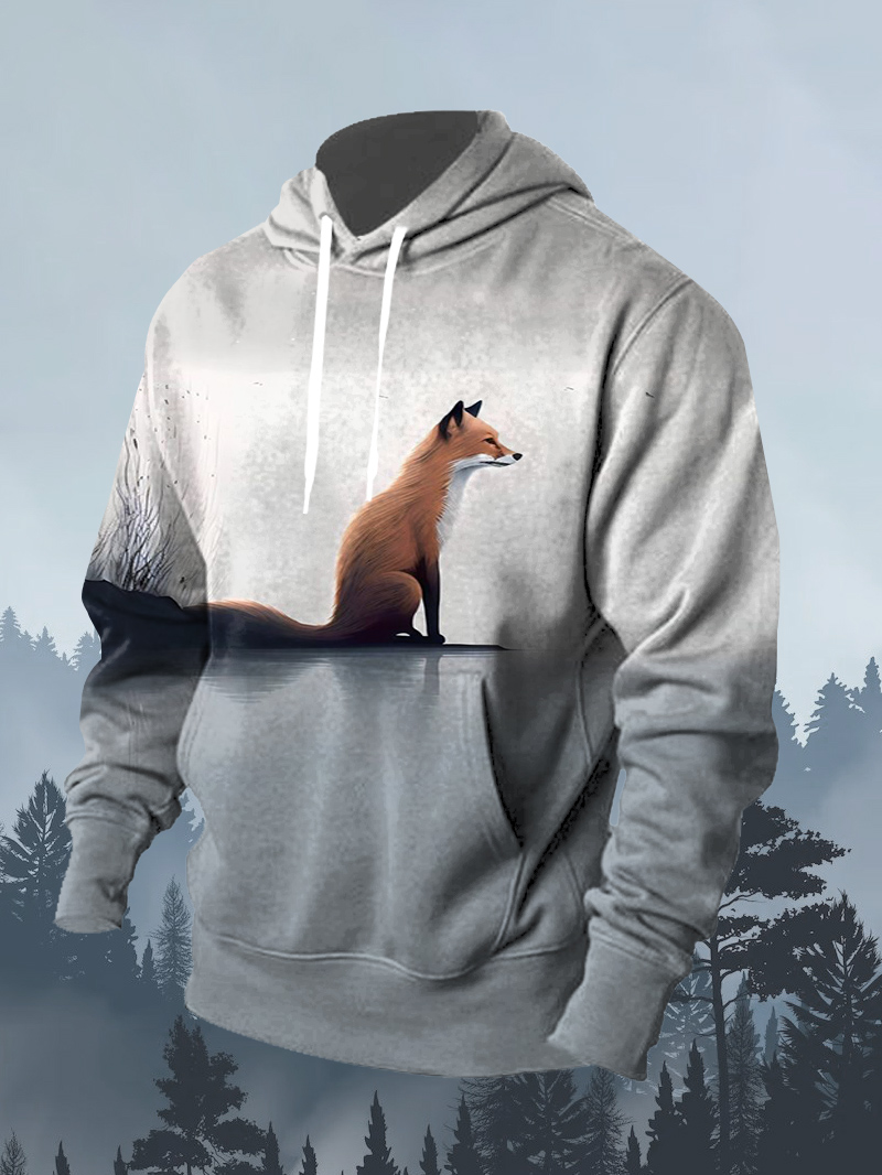 Men's Lonely Fox Pattern Full Print Hoodie