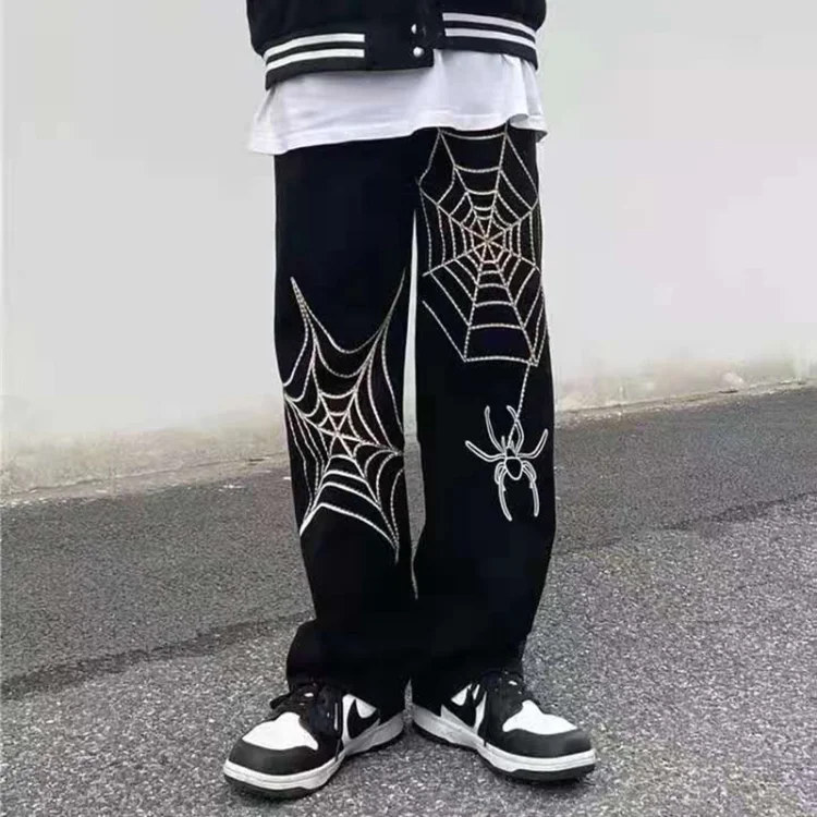 Spider Printed Streetwear Y2K Vintage Men's Oversized Wide-leg Jeans Baggy Pants at Hiphopee