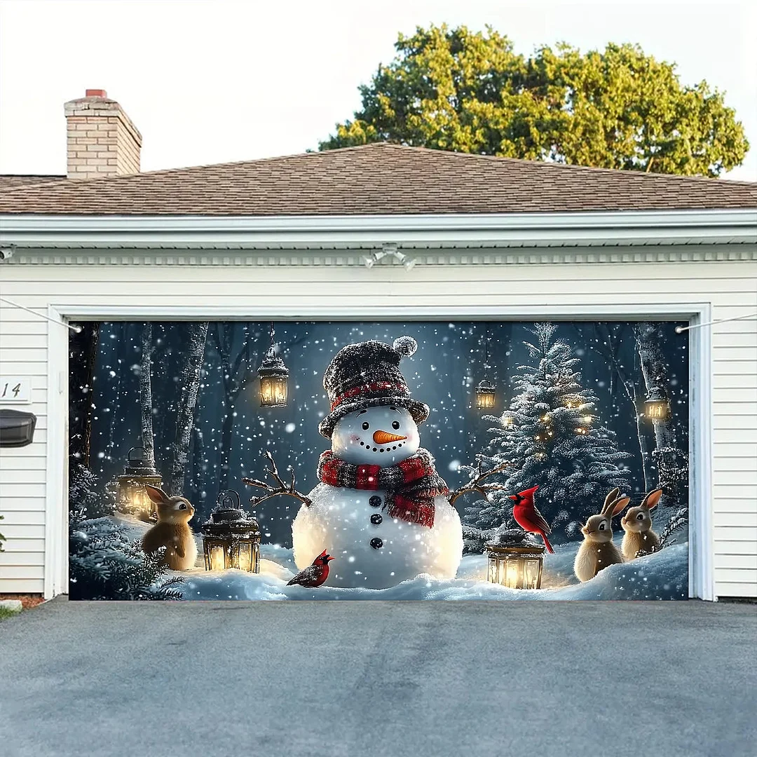 Garage Door Banner Decoration - Snowman and Forest Companions in a Lantern Lit Winter Scene