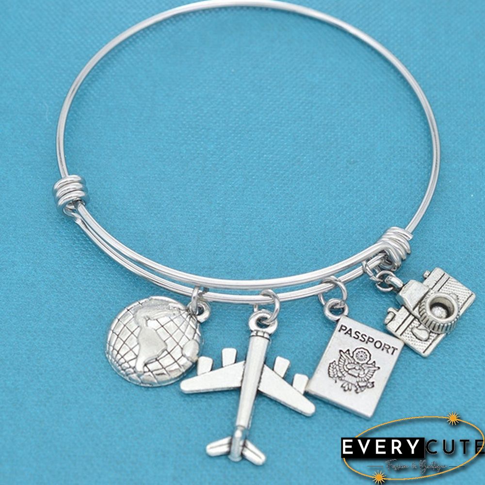 Fashion Jewelry DIY Charm Bangle, Bracelet for Women & Girls - Personalized Bracelet, World Traveler Bangle Bracelet In Stainless Steel with Earth, Airplane, Passport and Camera Charms In Silver Tones. Gift for Traveler