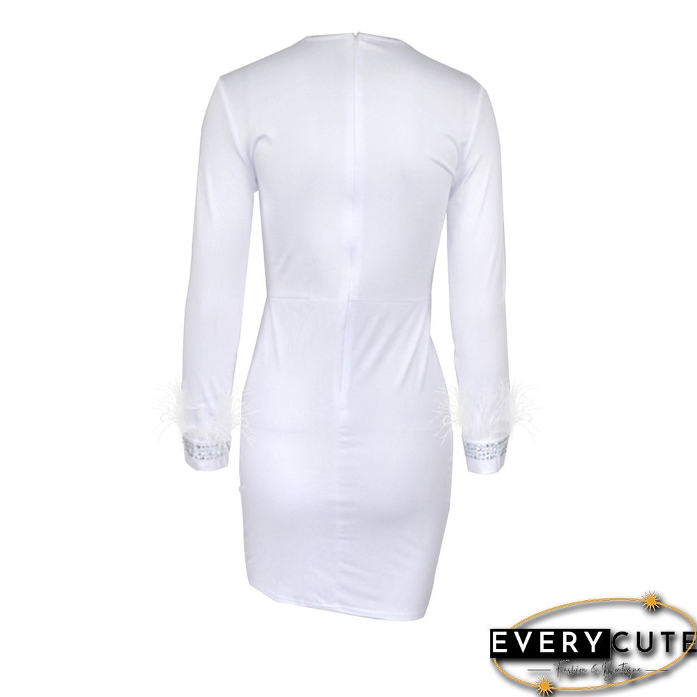 White Mesh & Rhinestones & Feather Detail Bodycon Dress