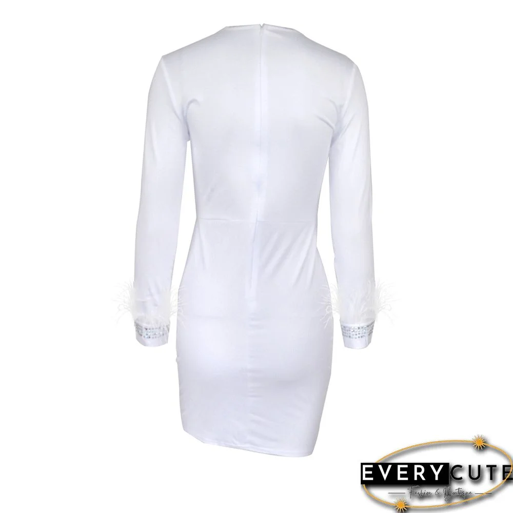 White Mesh & Rhinestones & Feather Detail Bodycon Dress